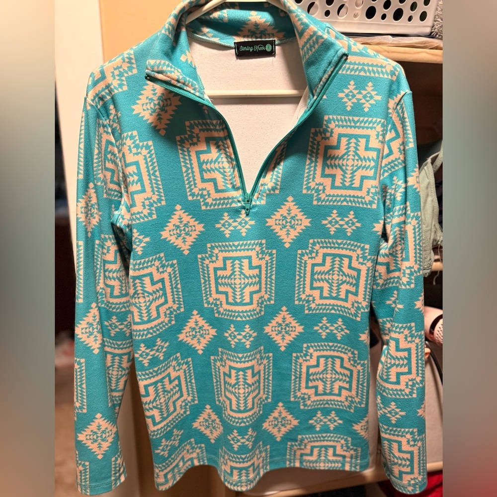 Chaps Teal and Cream Geometric Turtleneck Sweater